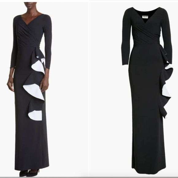 CHIARA BONI LA PETITE ROBE SANGIOVANNA 3/4 SLEEVE RUFFLE BLACK GOWN 4 US/ 40 IT - Picture 7 of 7